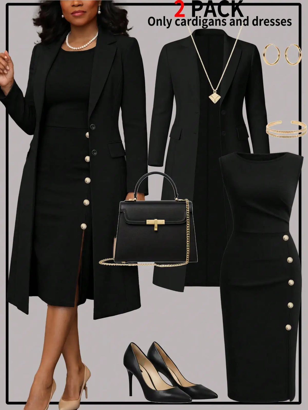 Women's New Autumn and Winter Elegant Set: Solid Color Long-Sleeved Open-Front Blouse, Long Coat + Versatile Fitting Mid-Length Sleeveless Buttoned Dress Two-Piece Set