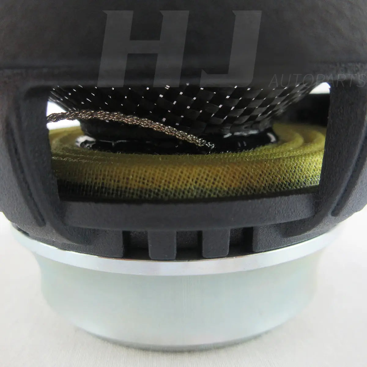 3.5 inch car coaxial speakers 200w qp353f black and silver with mesh grille yellow foam surround and visible internal components.