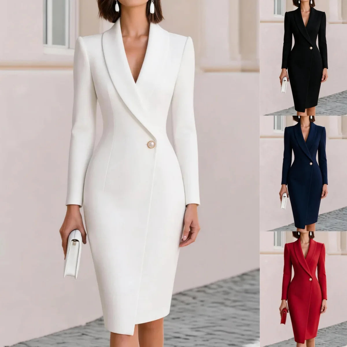 Elegant Women BlazerMidi Dress V Neck Lapel Collar Long Sleeve Shoulder Pad Single Button Slim Bodycon FormalOffice Party Dres