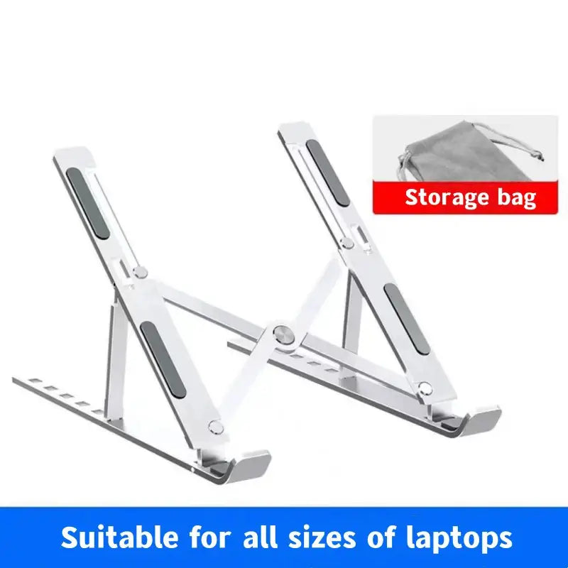 Silver aluminum adjustable laptop stand with black rubberized grip pads designed as an ergonomic holder