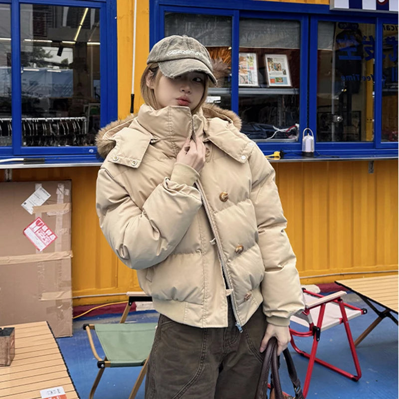 Women's Winter Warm Jacket Korean Thickened Big Fur Collar Hooded Outerwear Fashion Casual Detachable Short Cotton-Padded Coat