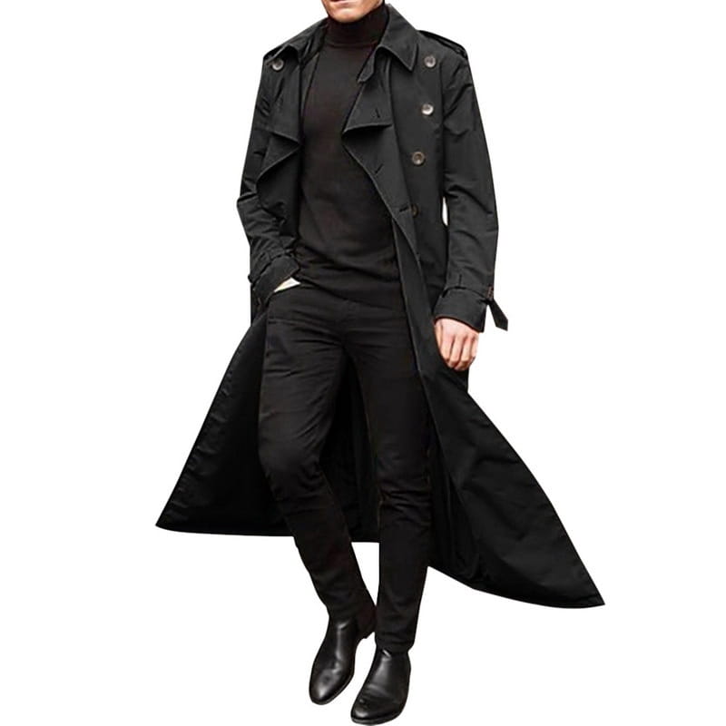 Schwarzer Herren-Langmantel im Doppelreiher mit klassischem Kragen und gegürteter Taille, ideal für Business-Casual-Kleidung.