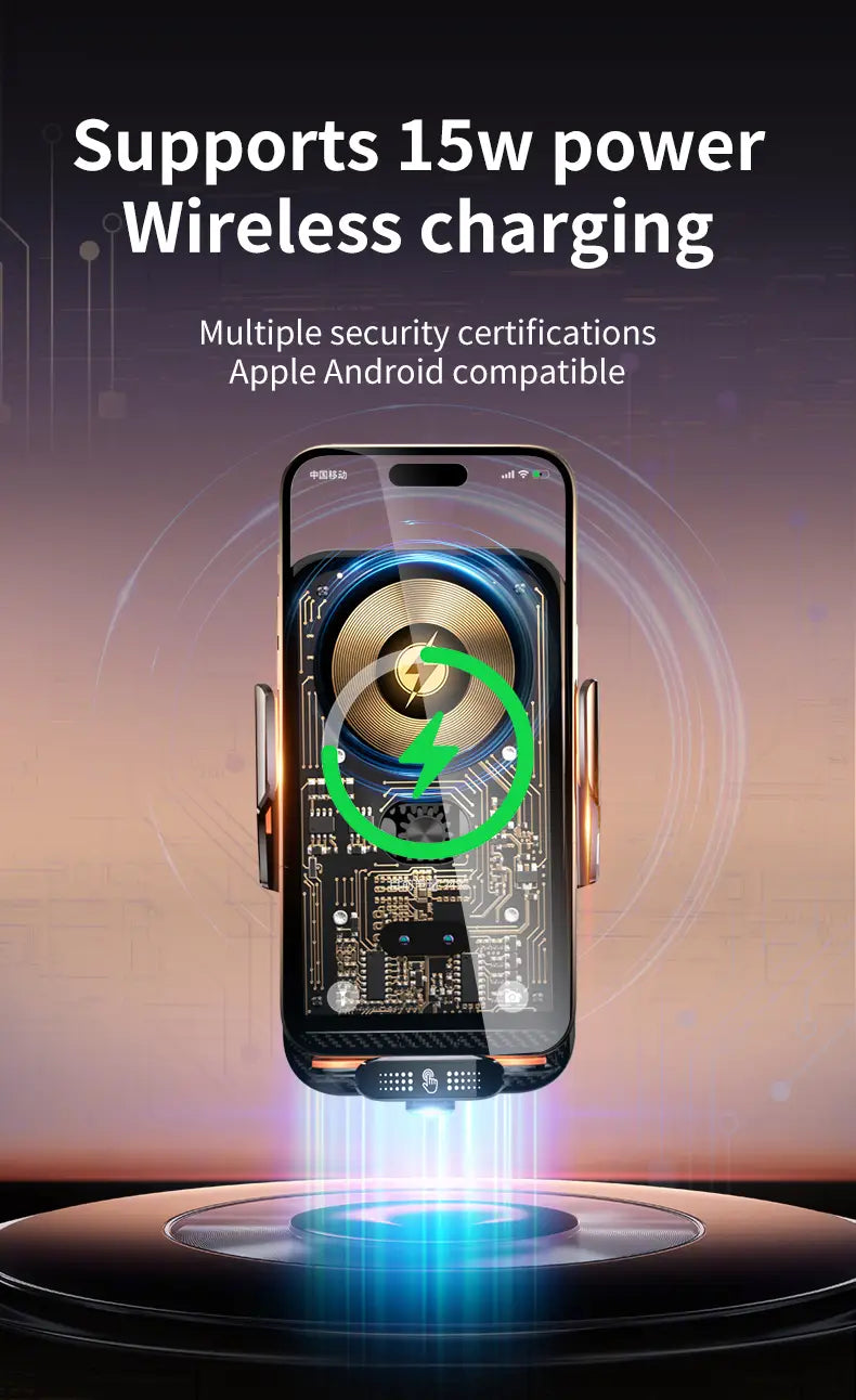 a sleek metallic wireless charger phone holder with a gold-toned circular charging pad and black circuit board design featuring infrared auto clamping for wireless charging.
