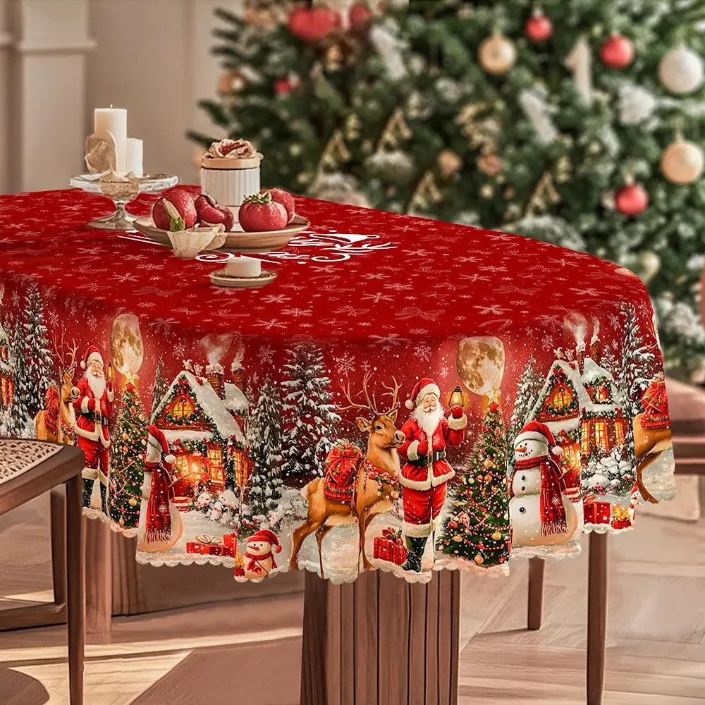 Red christmas-themed tablecloth featuring festive illustrations of santa claus reindeer snowmen and snowy houses with a scalloped lace trim for winter holiday use.