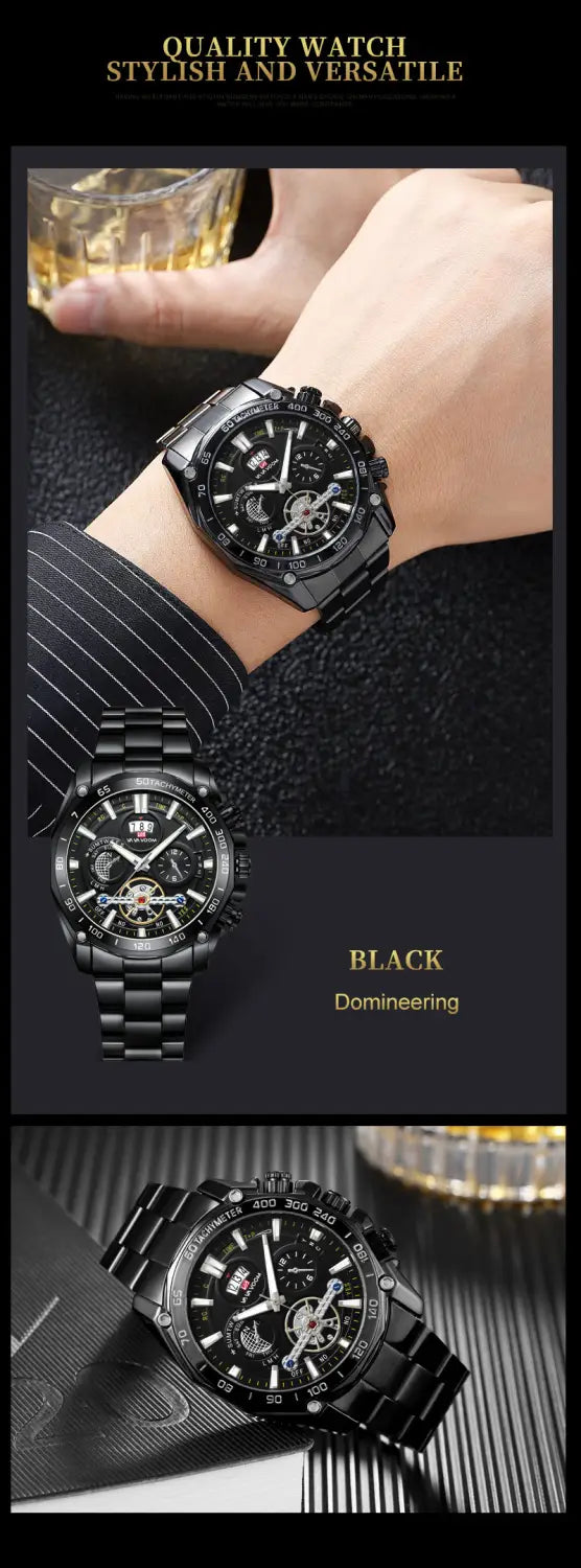 Va va voom Herrenuhr aus luxuriösem Edelstahl mit schwarzem Edelstahl-Chronographen-Design, moderner, stilvoller Ästhetik und markant schwarzem Zifferblatt mit mehreren Hilfszifferblättern.