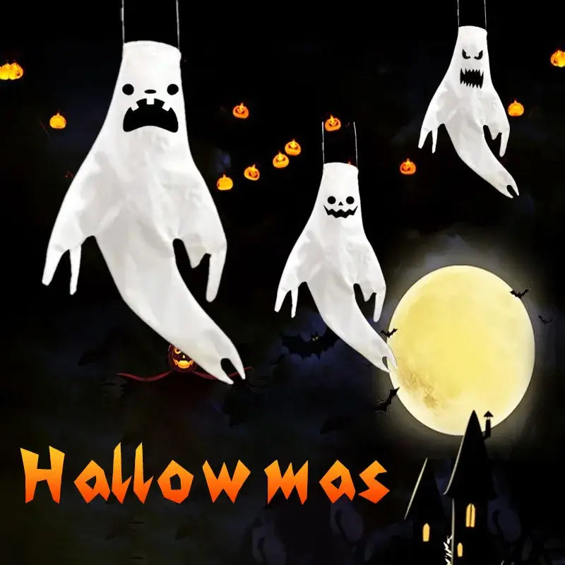 white paper halloween ghost led hanging windsock with black facial features displayed against a dark halloween-themed backdrop for home outdoor use