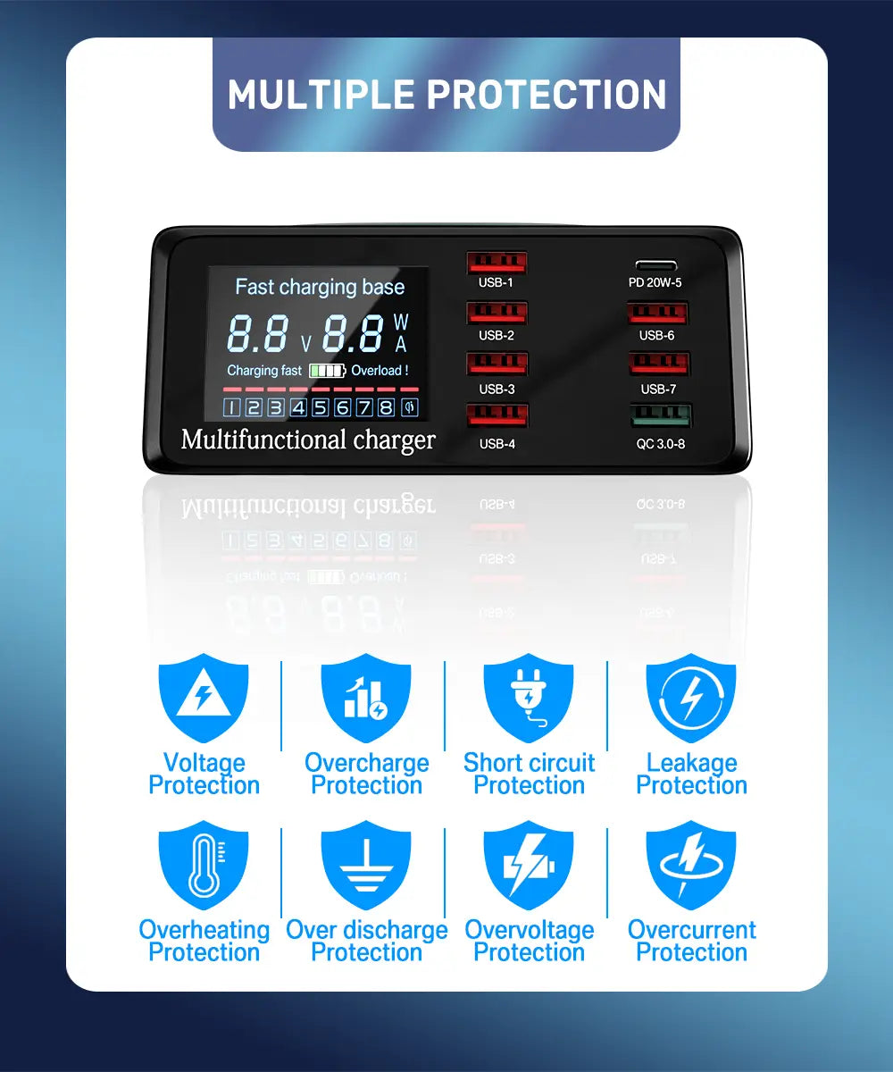 Chargeur multifonction rectangulaire noir asometech 100 W avec écran d’affichage numérique et plusieurs ports USB pour une charge rapide.