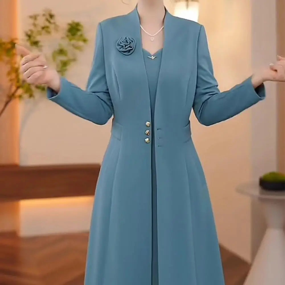 Autumn Winter Womens Suits 2 Piece Set Formal Long Blazers Jacket Long Sleeve A-Line Dress Set for Wedding Party