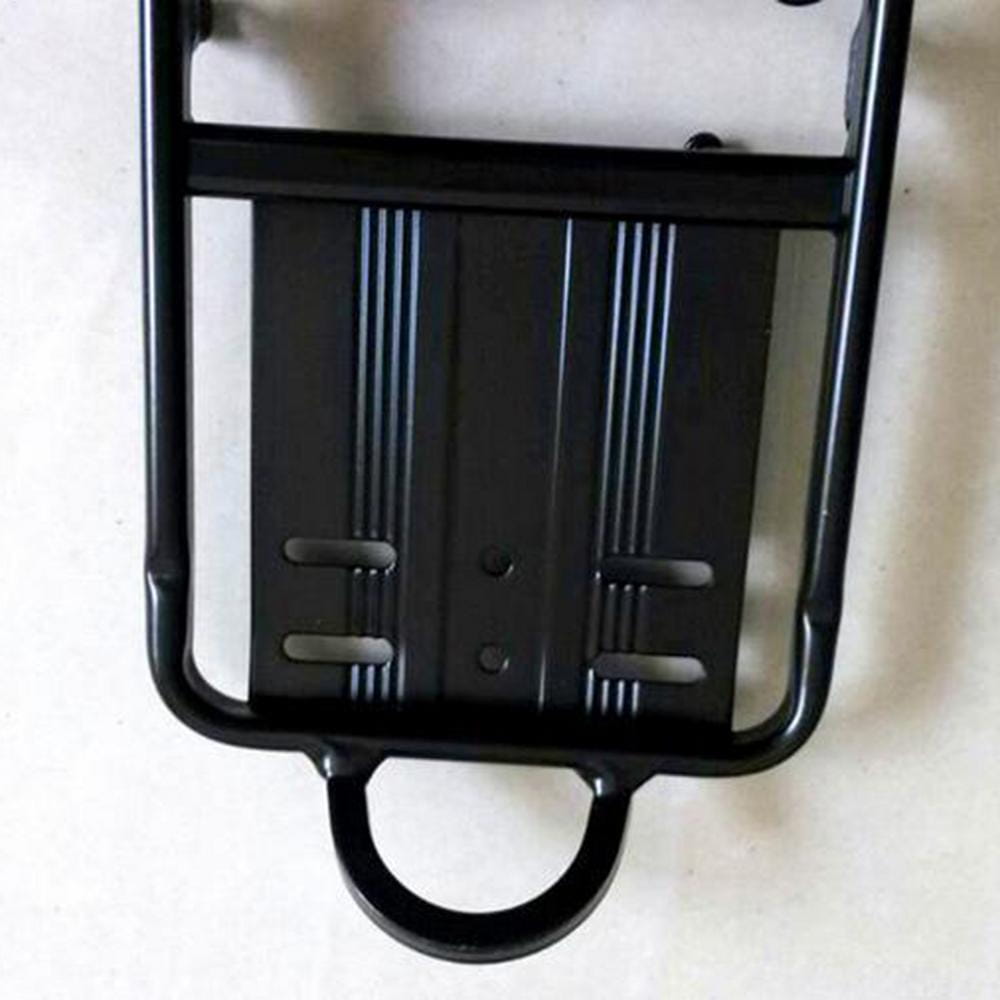 black metal bike cargo rack 35kg aluminum rear bicycle carrier with handle and vertical ridged panels shown from the back side