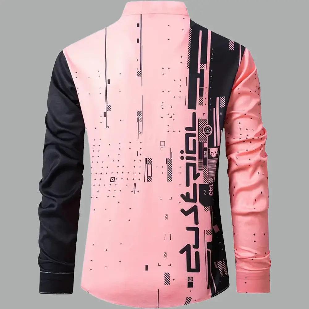 Graphic button up long sleeve shirt men in pink and black featuring a futuristic digital print design on a long-sleeved fabric.