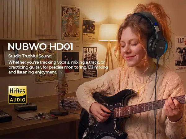 Auriculares de estudio con cable Nubwo HD01 negros con acentos azules, diseñados para la compatibilidad con amplificadores de guitarra y una amplia respuesta en frecuencia para su uso con interfaces de audio.