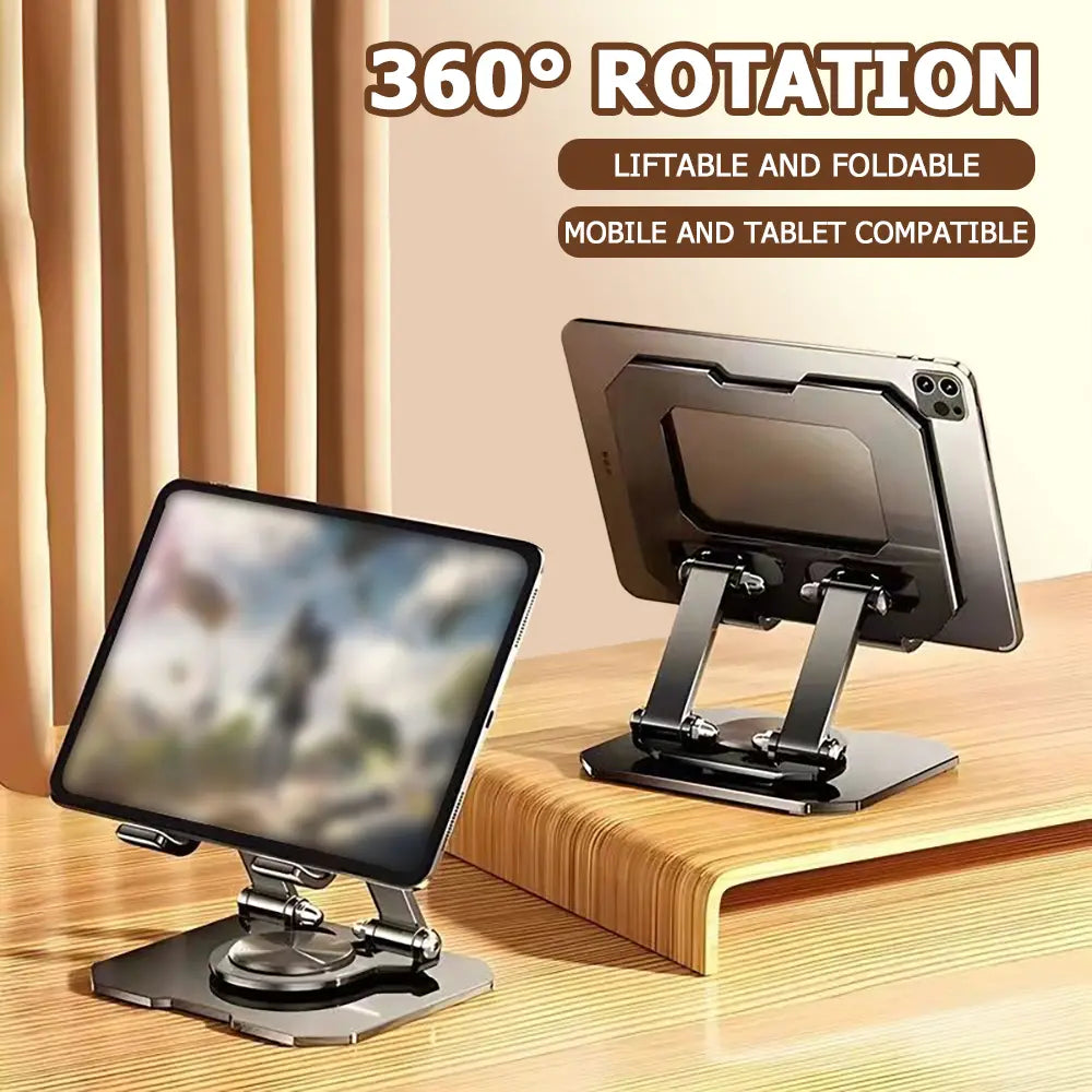 black metallic rotatable tablet stand with 360-degree rotation, adjustable and foldable design for tablets and mobile phones