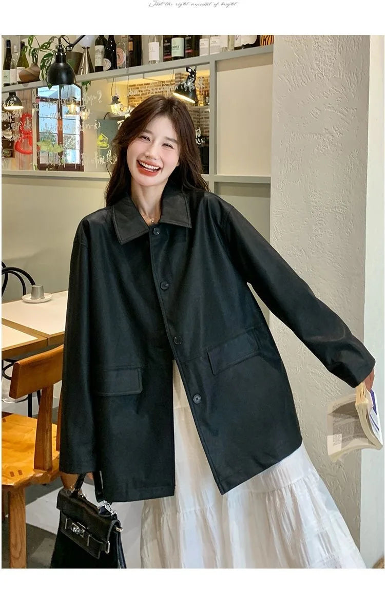 Women's Spring-Autumn New Style Leather Coat with Contrasting Sleeve Edges Loose Fit for Slimming Comfortable and Casual