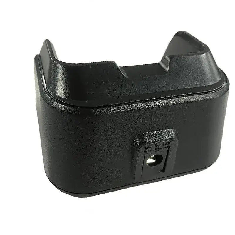 black plastic hytera bd610 bd500 desktop charger base with a textured surface and molded slots for secure device placement
