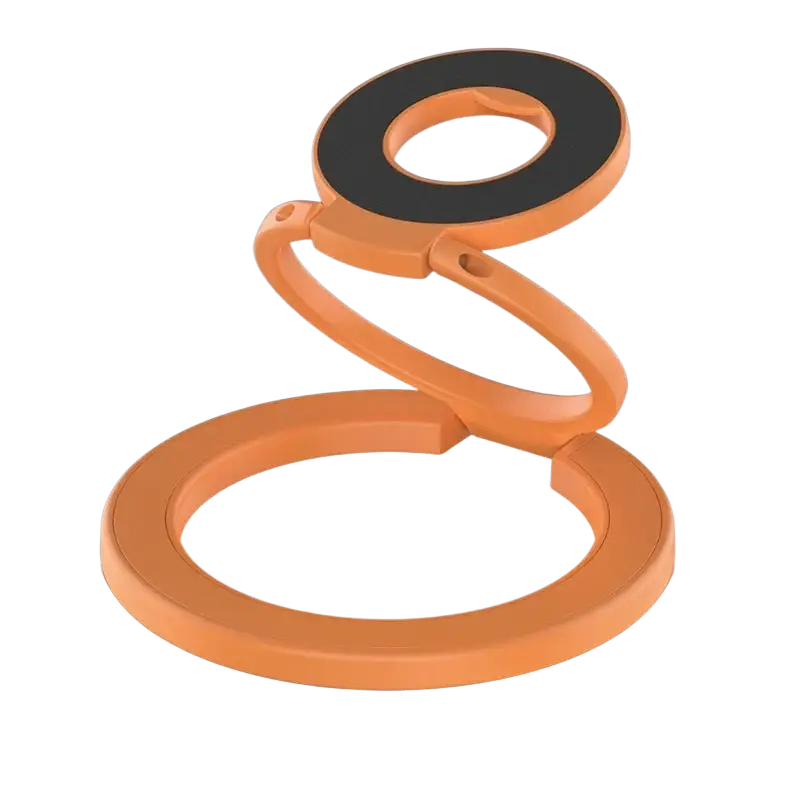 Orange spiral silicone magnetic phone stand with black ring viewed from front as stand ring holder kickstand magnet