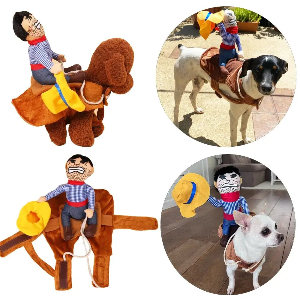 茶色の布製の馬に、ぬいぐるみの乗り手フィギュアを組み合わせた、カウボーイ風の犬服の面白いコスチューム。胸周りにフィットし、犬向けの衣類の面白いコスプレ。