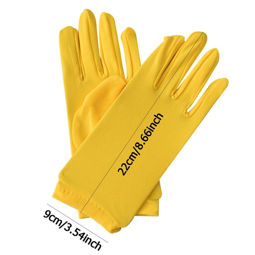 Helle gelbe einfarbige Handschuhe aus Milchseide mit langen Fingern, aus glattem Stoff gefertigt und mit sauber vernähten Kanten.