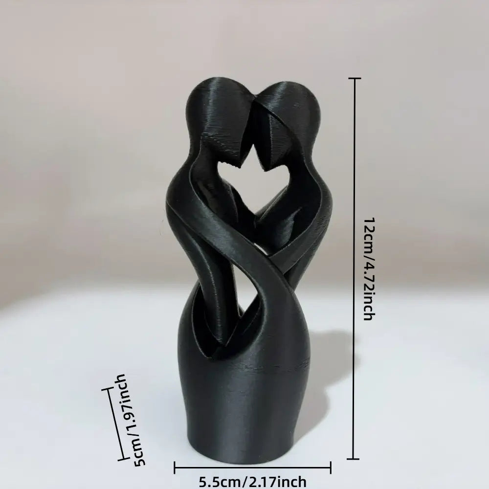 Black 3d-printed abstract sculpture of two intertwined figures forming a heart shape named intertwined lovers heart sculpture modern decor.