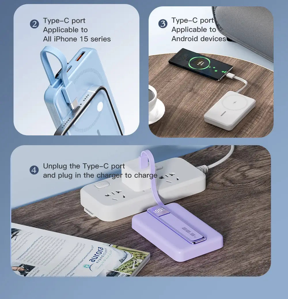 light purple rectangular magnetic power bank 10000mah 20w fast charging with type-c port, integrated carrying loop, supporting 5v=3a and 9v=2a output.