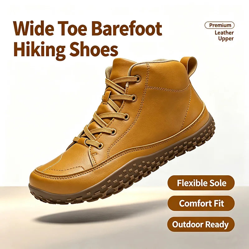 Men Wide Toe Barefoot Hiking Boots Mid‑Top Leather Minimalist Shoes Flexible Zero‑Drop Non‑Slip Outdoor Trail Walking Footwear