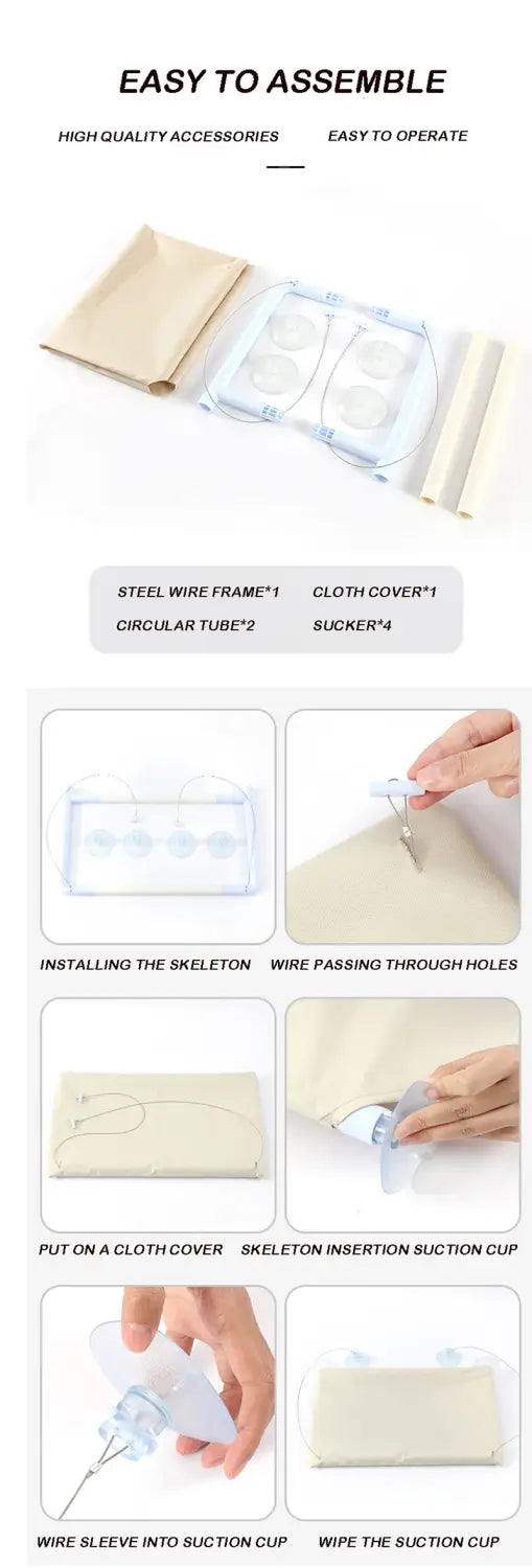Squelette à ventouses recouvert de tissu beige, avec armature en fil plastique transparent et composants de tubes circulaires pour un hamac pour chat monté sur fenêtre.