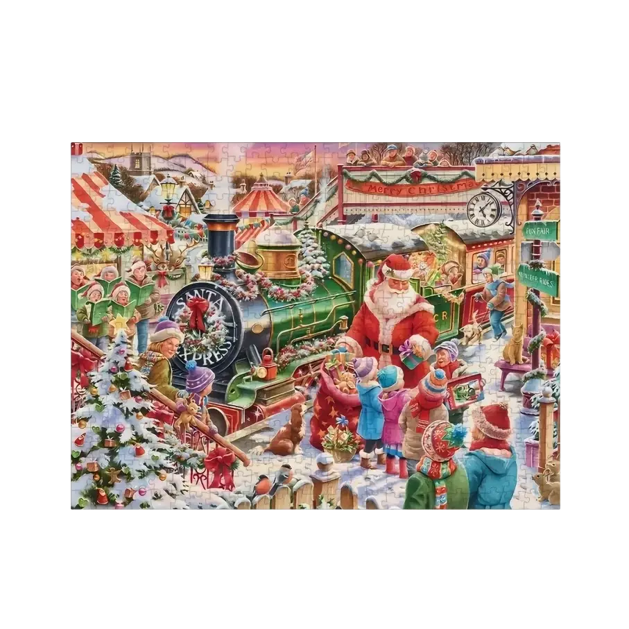 Un rompecabezas de jigsaw completado y vibrante que representa una escena navideña concurrida con el Santa Claus y niños alrededor de un tren de vapor verde en un rompecabezas de calendario de adviento navideño.