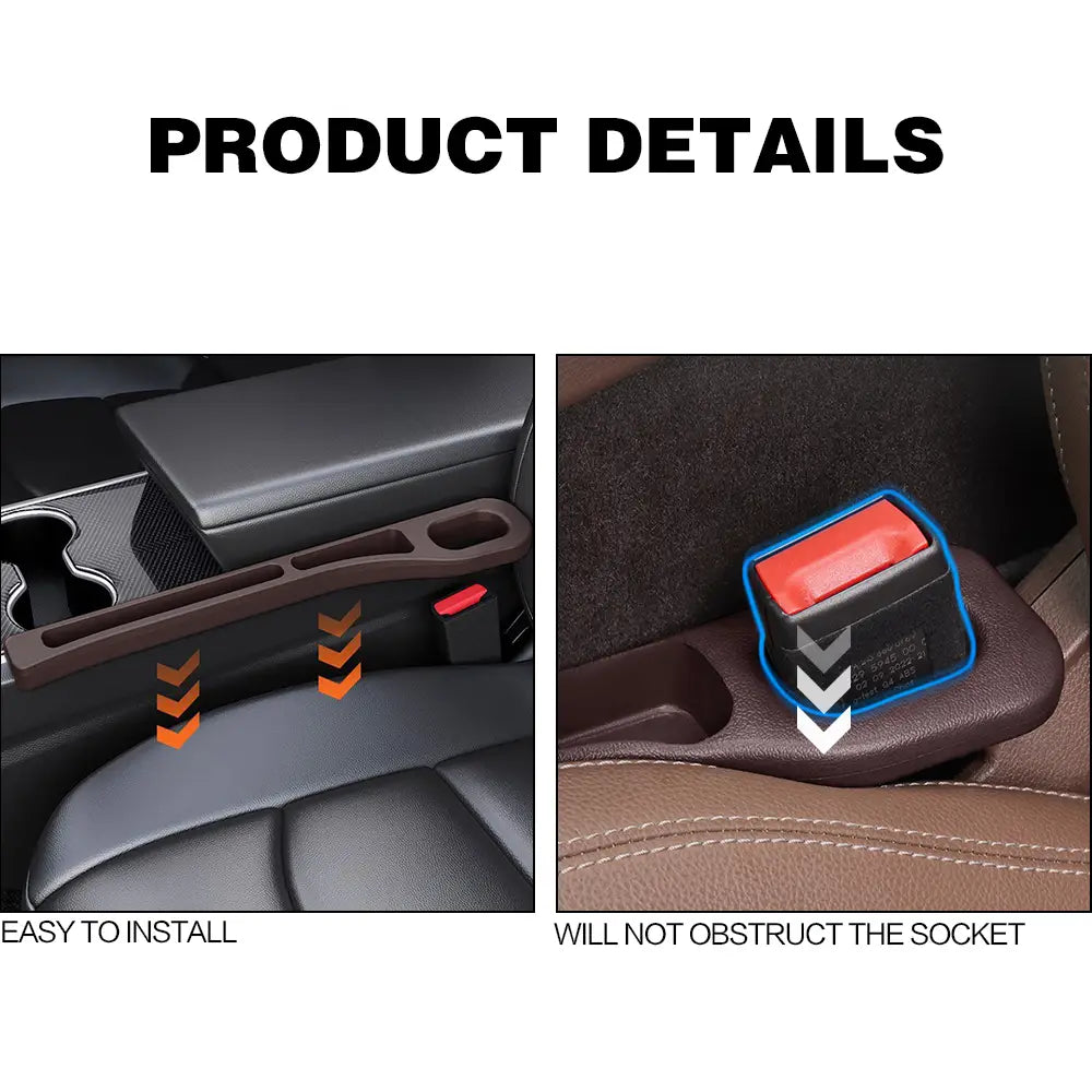 Organisateur de console pour interstice de siège en caoutchouc en plastique noir avec détail de bouton rouge, conçu pour le rangement au centre de la voiture.