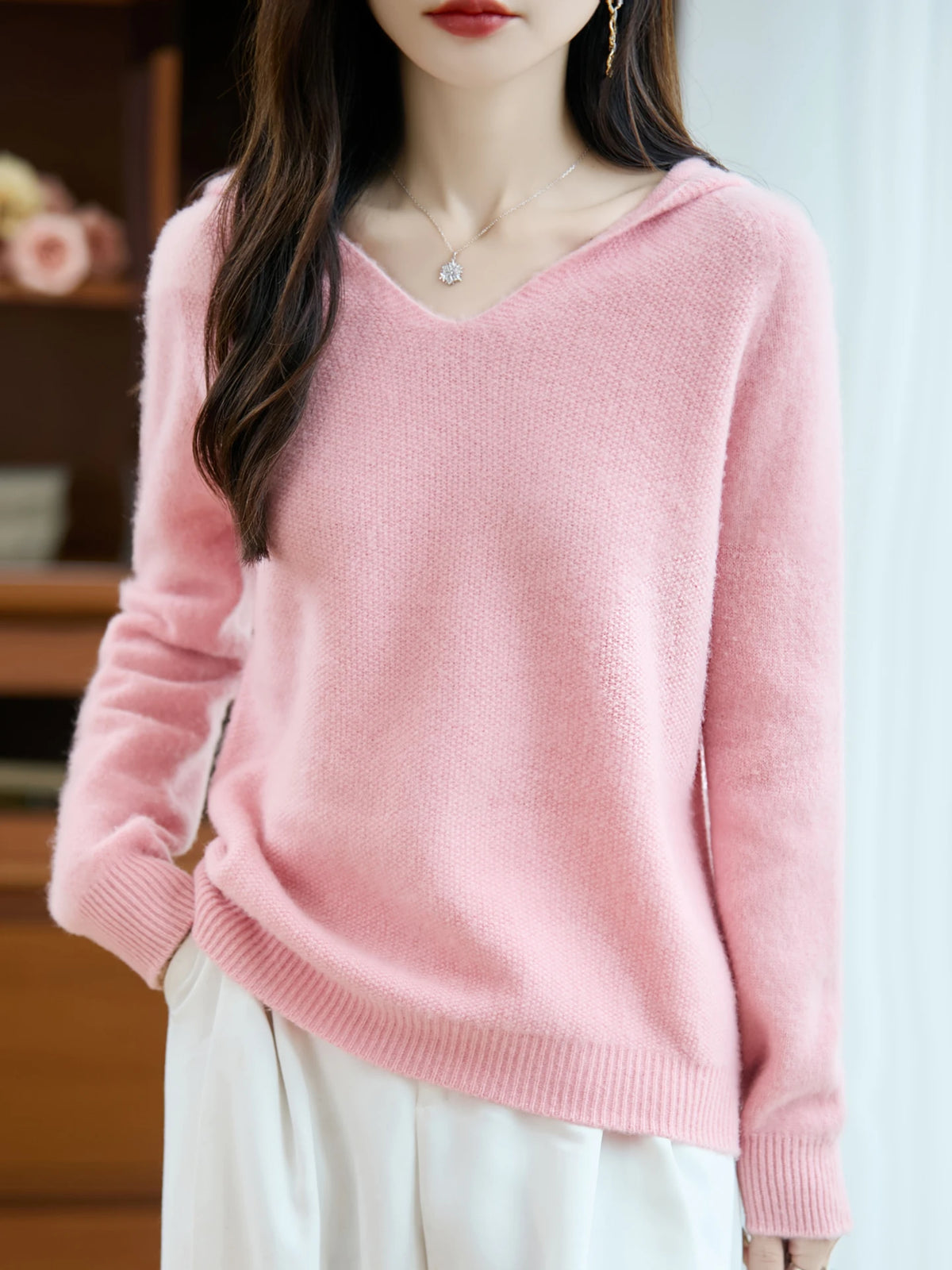 High-end 100% Pure Wool Pullover Sweater Women's New Hooded Soild Loose Basic Cashmere Knit Coat Autumn Winter Thick Warm Soft