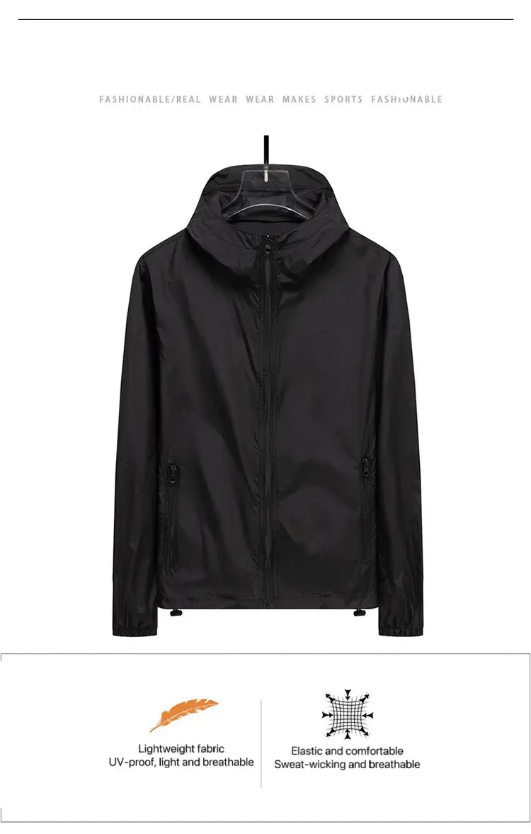 Men sun protection windbreaker jacket in black lightweight material featuring a full-length zipper and elastic cuffs.