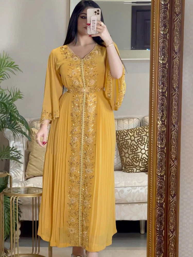Evening Party Dress Women Eid Morocco Muslim Abaya for Women Diamond Islamic Embroidery Dresses Belt Kaftan Vestidos Maxi Abayas