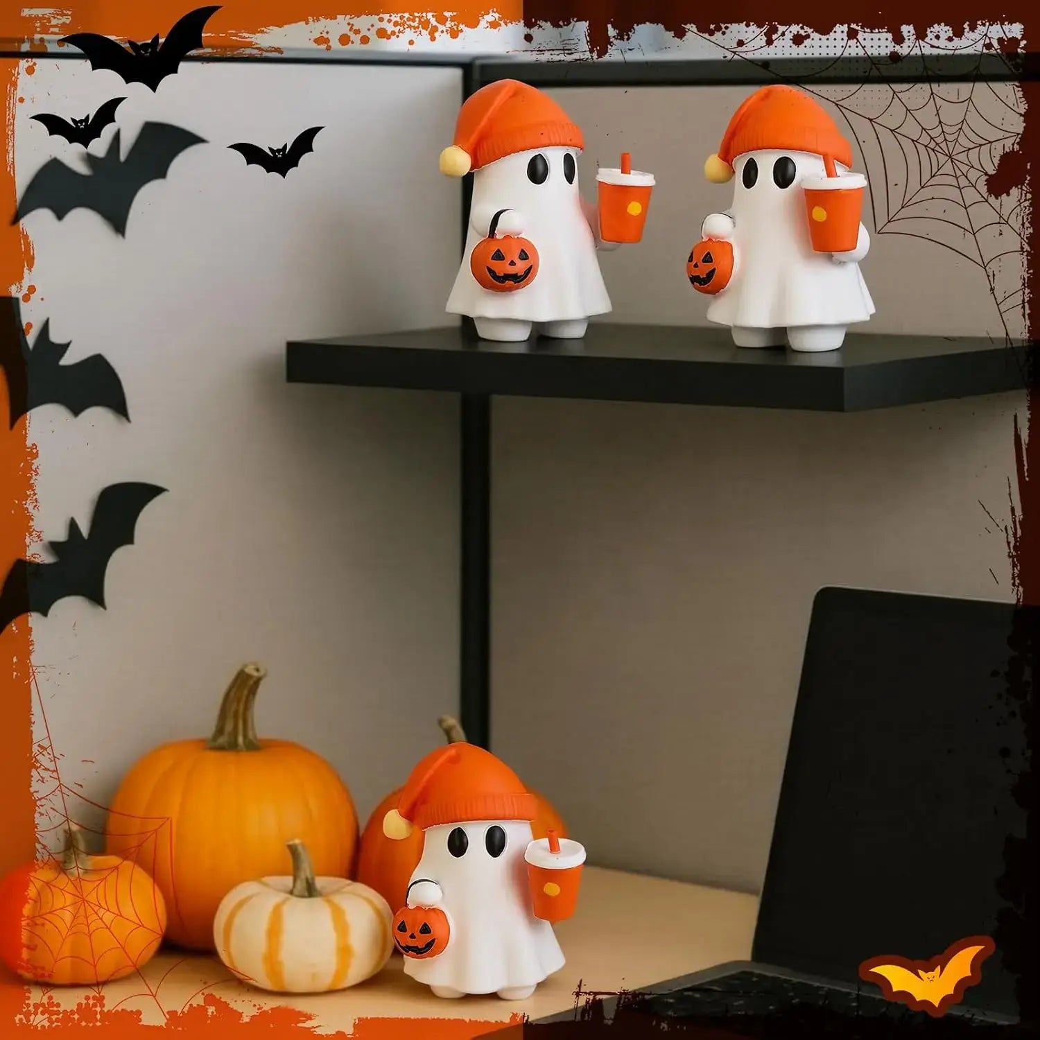 Cute resin ghost figurines in white with orange hats and pumpkin-themed accessories including a pumpkin cup.