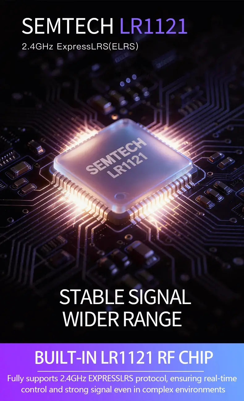 La puce RF semtech lr1121 est un composant électronique de forme carrée aux surfaces métalliques et translucides intégrées dans la télécommande du transmetteur radio FPV Edgetx V12 pour la télécommande V12.