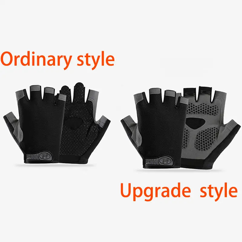 Guantes de ciclismo transpirables en color negro y gris con paneles de agarre texturizados en la palma y diseño sin dedos para su uso en entrenamientos de fitness.