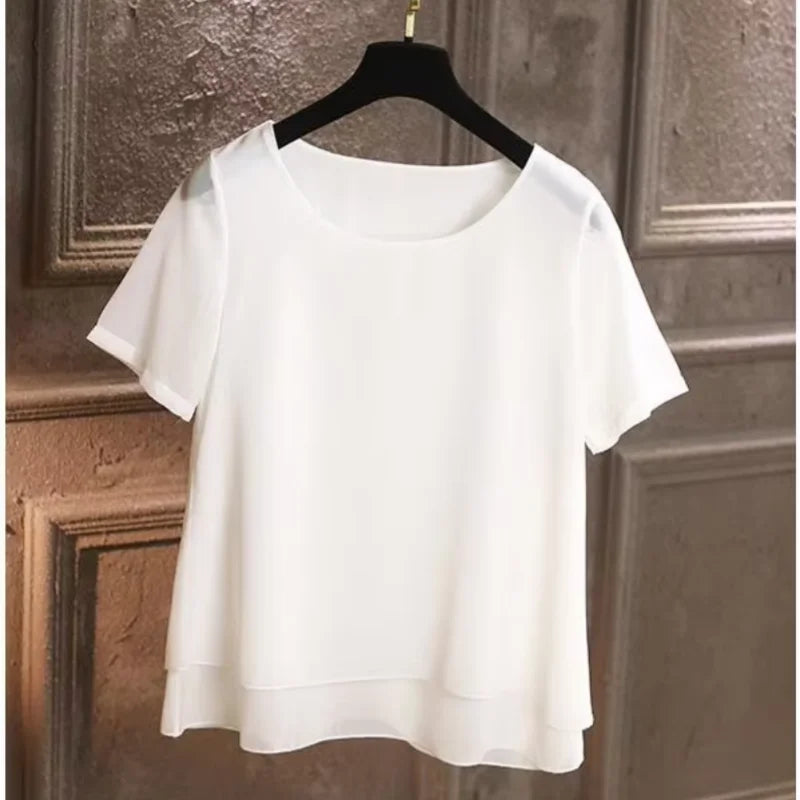 Fashion Women Chiffon Blouses Ladies Tops Short Sleeve O Neck Shirt Blusas Femininas Female Work Shirts Blusas Mujer De Moda