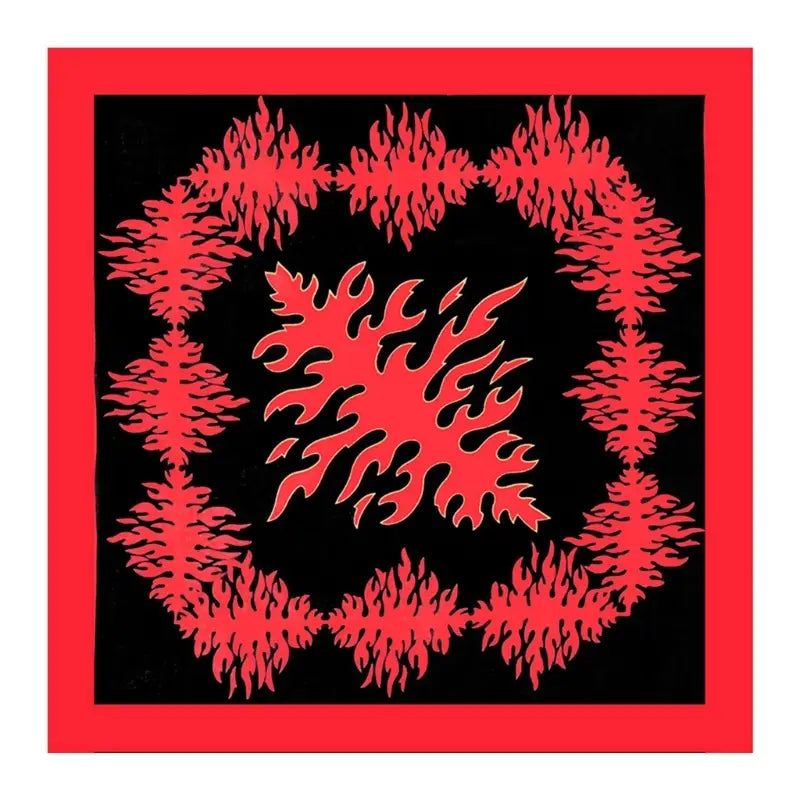 Flame pattern bandana head scarf featuring a red flame design with a bold black center and matching red border.
