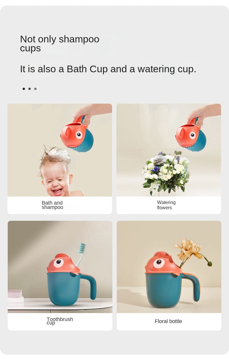 Alegre taza de enjuague para baño de bebé con forma de pez rojo y azul, con asa diseñada para aplicar champú, bañarse, regar flores, sostener cepillos de dientes o servir como botella decorativa.
