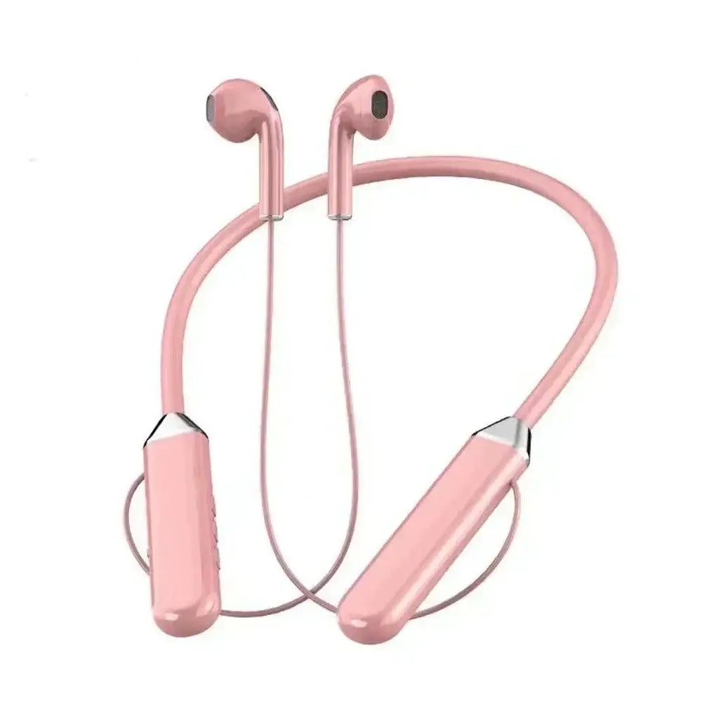 Pink rose gold wireless neckband bluetooth earphones with sleek curved design metallic accents and led display.