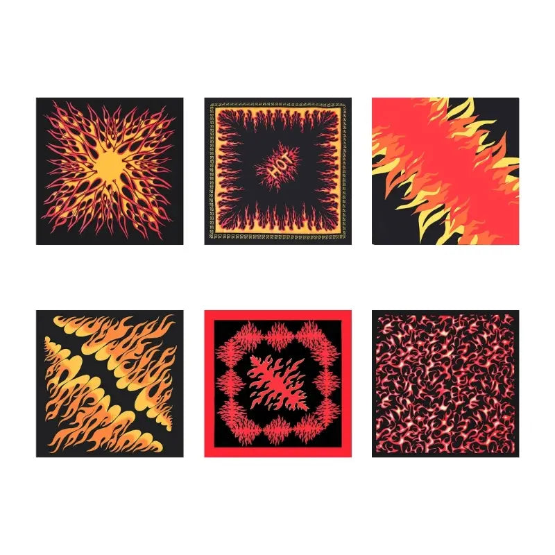 Six square flame pattern bandana head scarves featuring bold flame designs in vibrant reds oranges and yellows against black backgrounds.