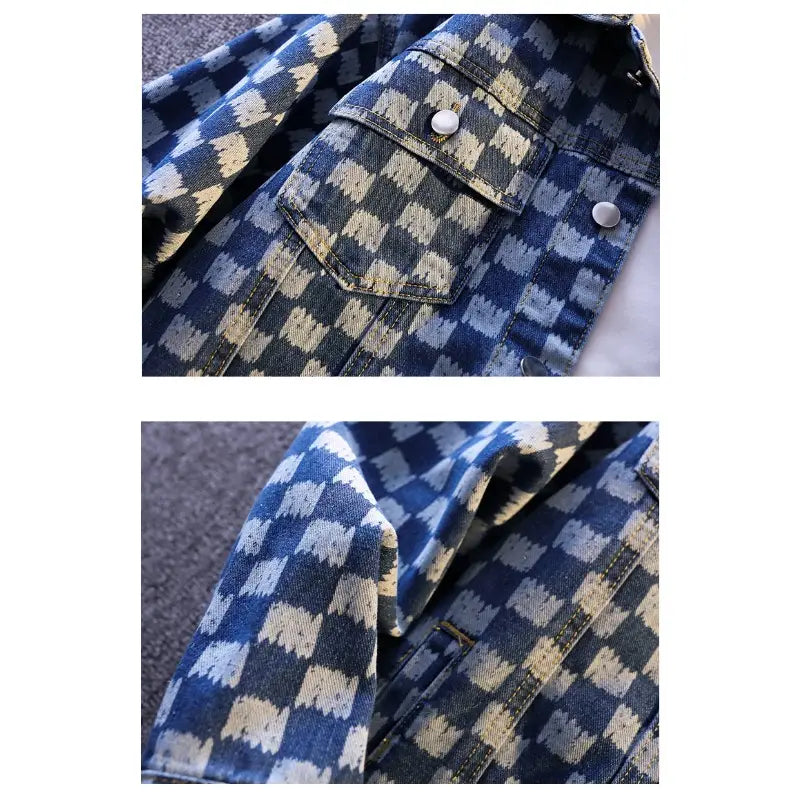 Blue and white checkered oversized denim jacket for men featuring silver buttons designed for streetwear.