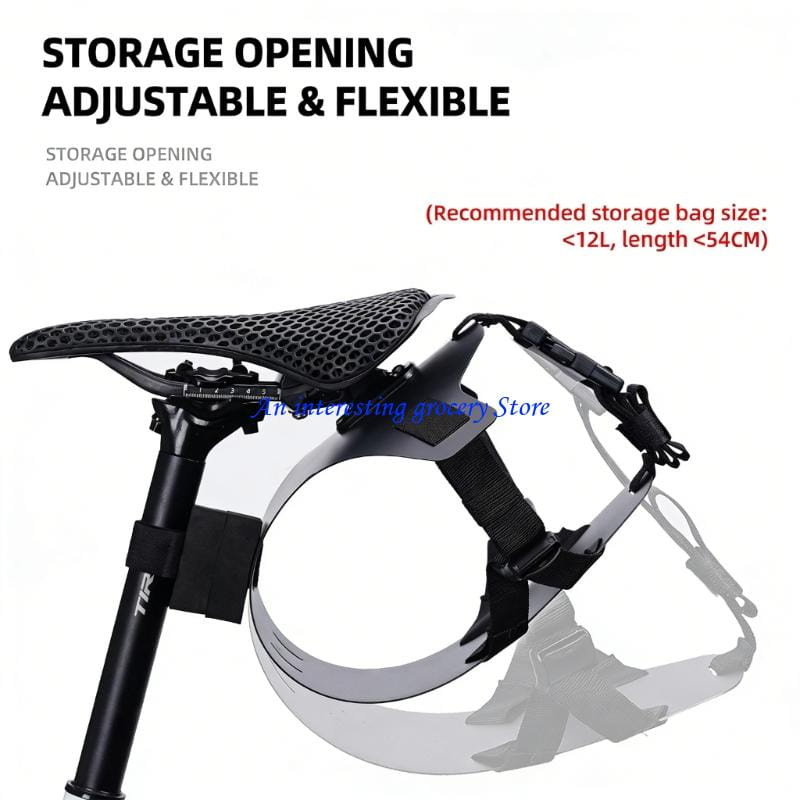 自転車のサドルに確実に取り付けるための、メッシュのような質感と弾性ストラップを備えたブラックの調節可能な自転車サドルバッグ固定ブラケット。