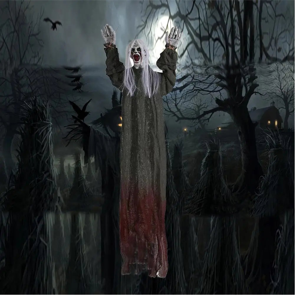 a hanging halloween decoration featuring a spooky ghostly figure with long white hair, pale face, outstretched arms, and an olive-green robe fading to red at the bottom for creepy scarecrow prop use.