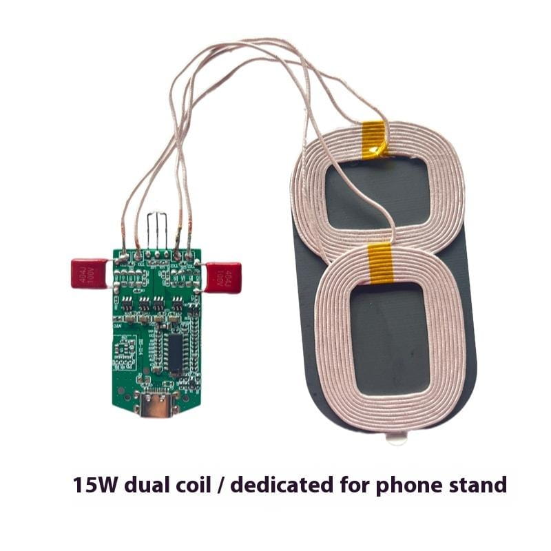 Green circuit board with red capacitors and USB port paired with beige coiled wire coils on black backing showing the back side of a 15w dual coil wireless charger pcba module.