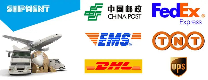 画像は、結婚式の引き出物向けパーソナライズボトルオープナー用キーチェーンに関する、FedEx Express、China Post、EMS、TNT、DHL、UPS を含む配送および物流会社のロゴのコレクションを示しています。
