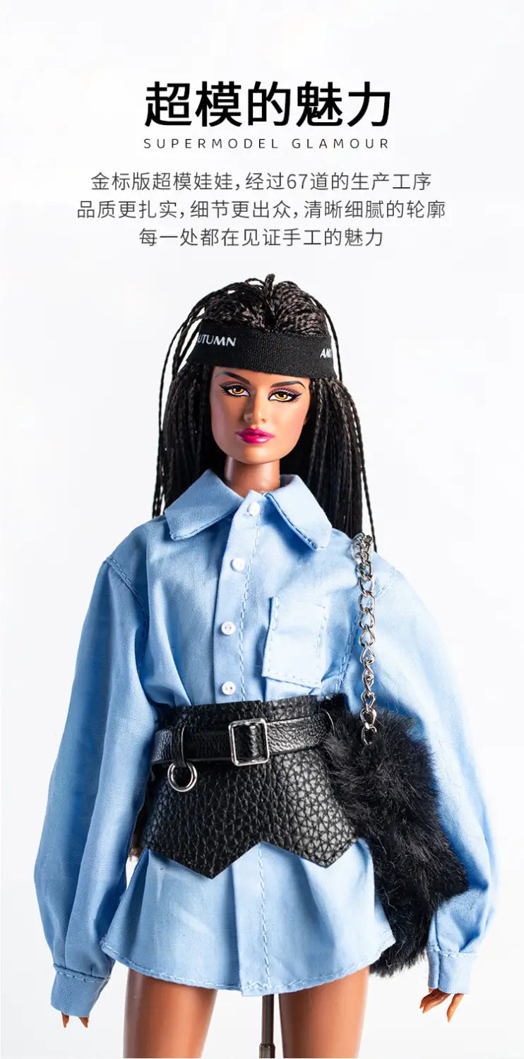 A stylish 30cm 1/6 model doll with long black braided hair wearing a futuristic retro light blue button-up shirt and skirt outfit with a textured black belt and matching chain strap bag.
