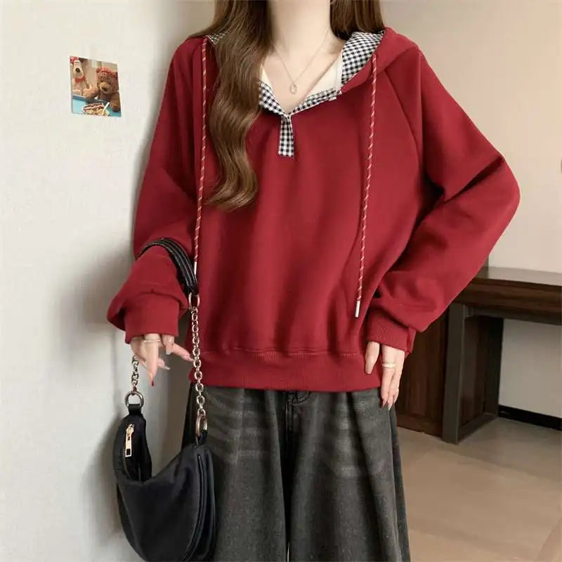 Hoodies Sweatshirt For Women Plaid 90s Vintage Korean Popular Clothes Coat Cotton Kpop Basic Spring And Autumn Woman Hooded Tops
