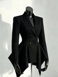 Elegant Autumn Unique Black Blazer Jacket Women Korean Fashion Double Breasted Waist Cinched Irregular Hem Office Casual Outfit