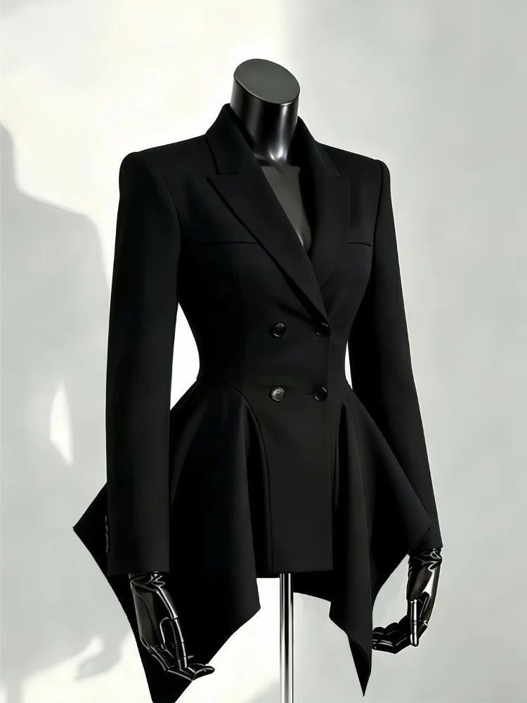 Elegant Autumn Unique Black Blazer Jacket Women Korean Fashion Double Breasted Waist Cinched Irregular Hem Office Casual Outfit