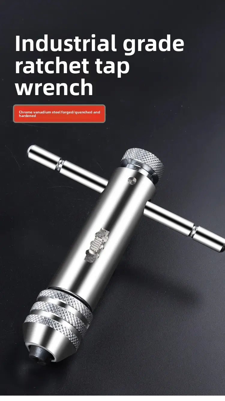 Industrial-grade chrome vanadium steel ratchet tap wrench with polished metallic finish and textured grip sections in tap and die set thread cutting tool kit.