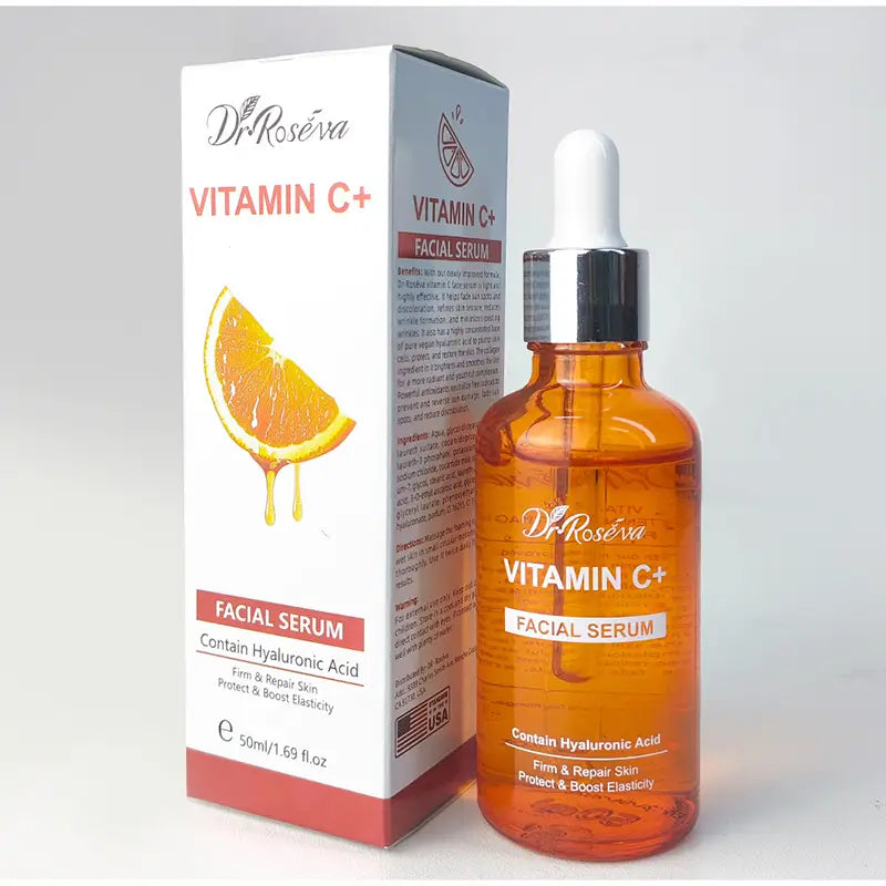 Dr vitamin c brightening skincare set showing the front packaging with vibrant orange and white design for improving skin radiance and texture.