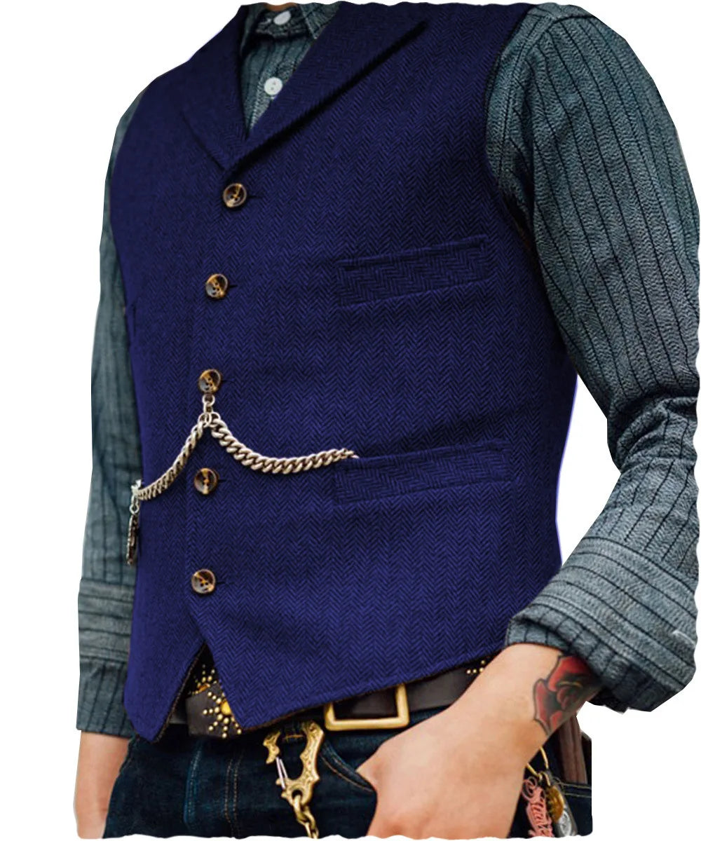Mens Suit Vest Lapel V Neck Herringbone Casual Business Vest Waistcoat Groomman For Wedding Tweed Business Waistcoat